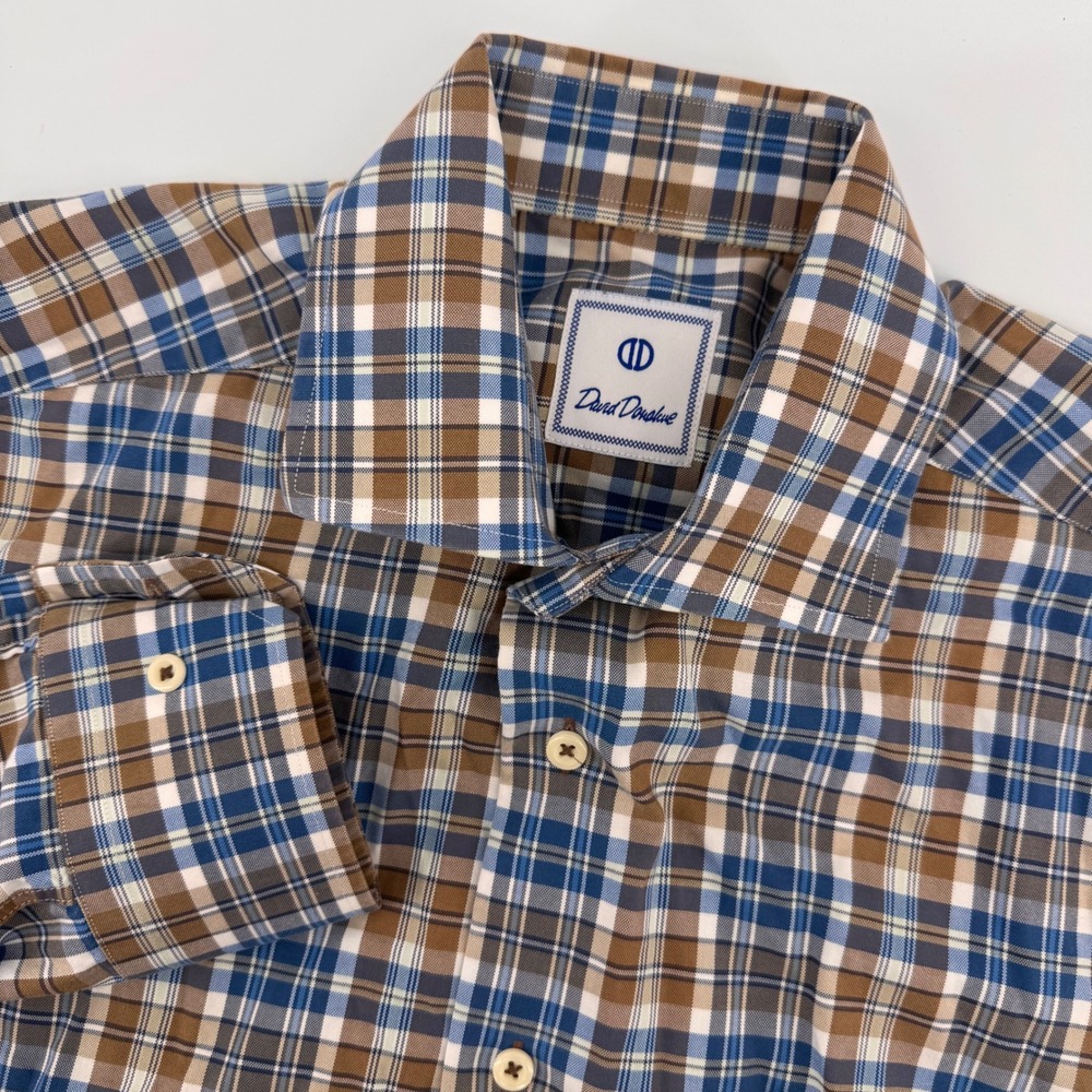 David Donahue Button Down Men Medium Blue Brown Plaid Long Sleeve Spread Collar